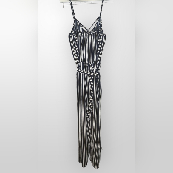 See You Monday Navy & White Striped Wide-Leg Jumpsuit – Size Large - Picture 2 of 5